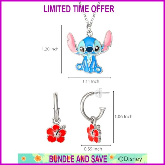 Lilo & Stitch Jewelry Set, Hoop Earrings & Adjustable Necklace, Gift - Picture 5 of 6